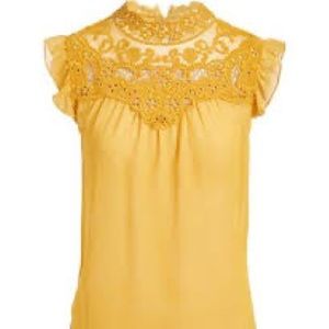 sheer mustard lace yoke sleeveless blouse tag size L